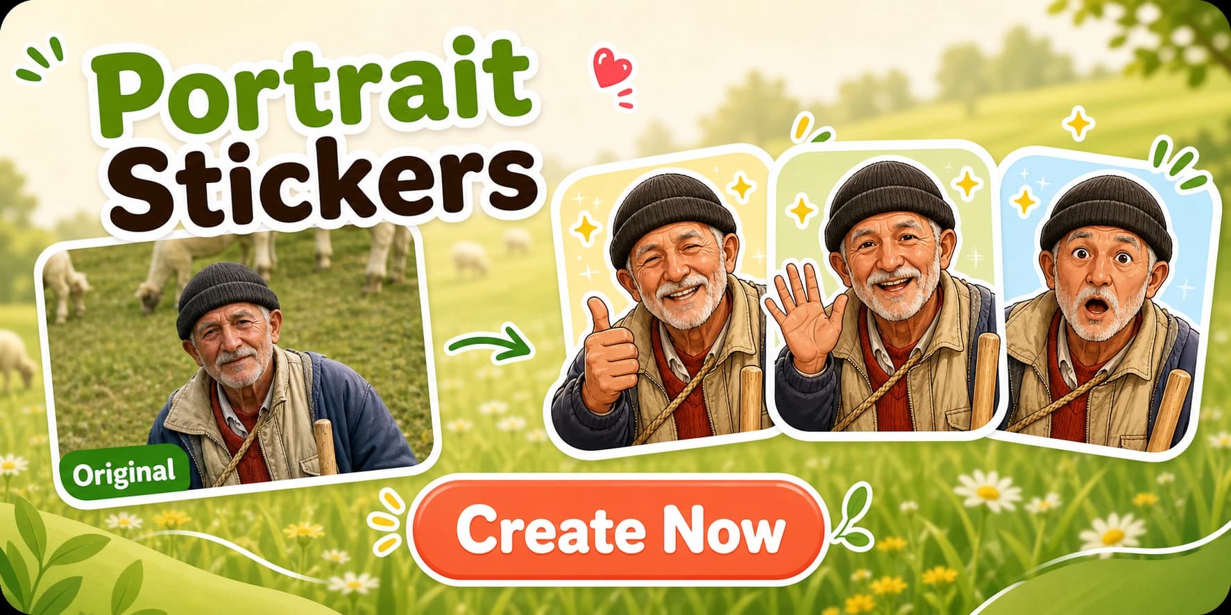 Upload a portrait photo to create personal reaction stickers.