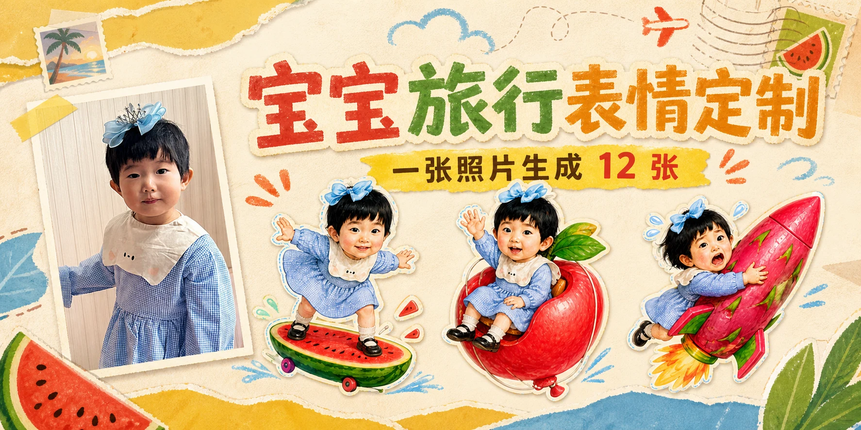选择旅行冒险或日常用语,让宝宝坐上水果交通工具,生成 12 张专属表情。