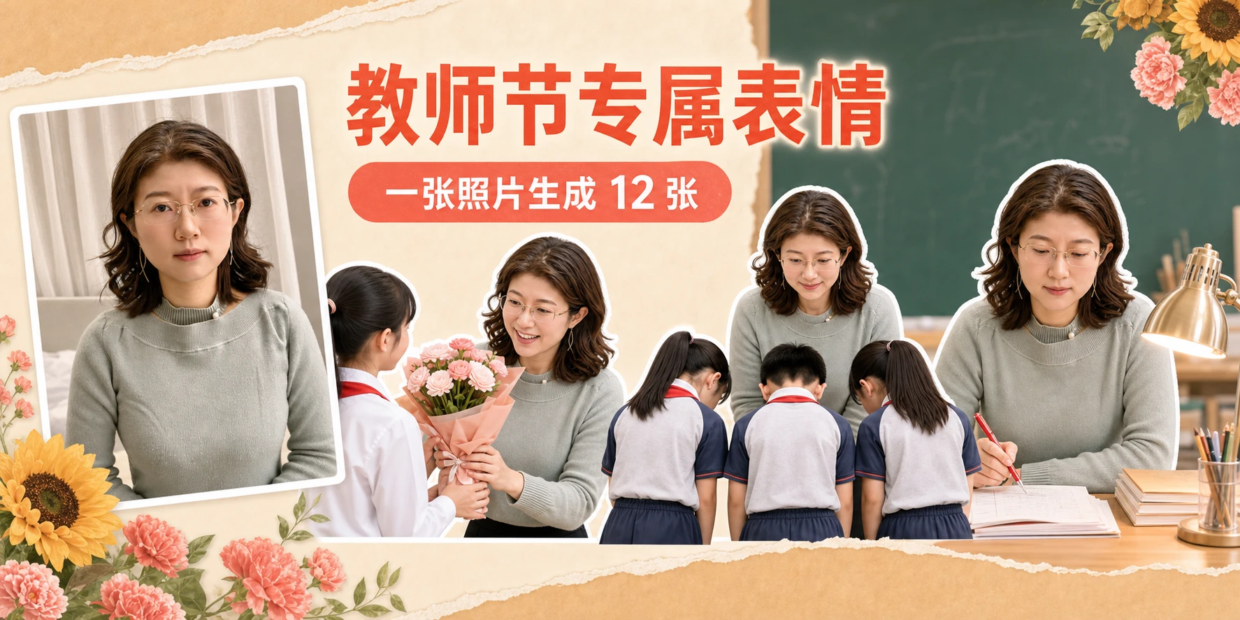 填写老师姓氏(选填),选择真人、半写实或 Q 版风格,为老师生成 12 张教师节与教学工作主题表情。